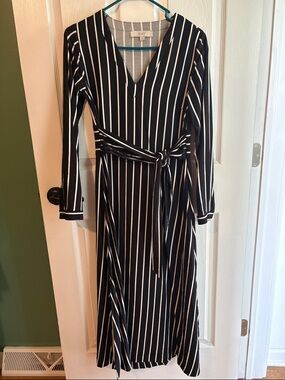LOFT Black and White Vertical Stripe Maxi Wrap Dress